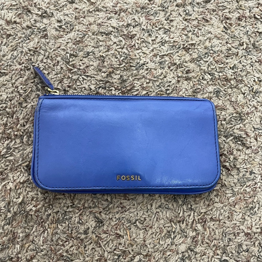 Fossil Blue Leather Bifold Wallet Zip Coin Pouch Gold Hardware Slim Clutch READ
